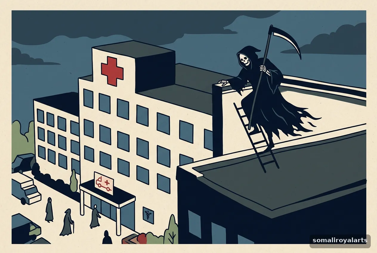 Nin isku labisay ‘Grim Reaper’ oo fuulay saqafka isbitaalka oo la xiray