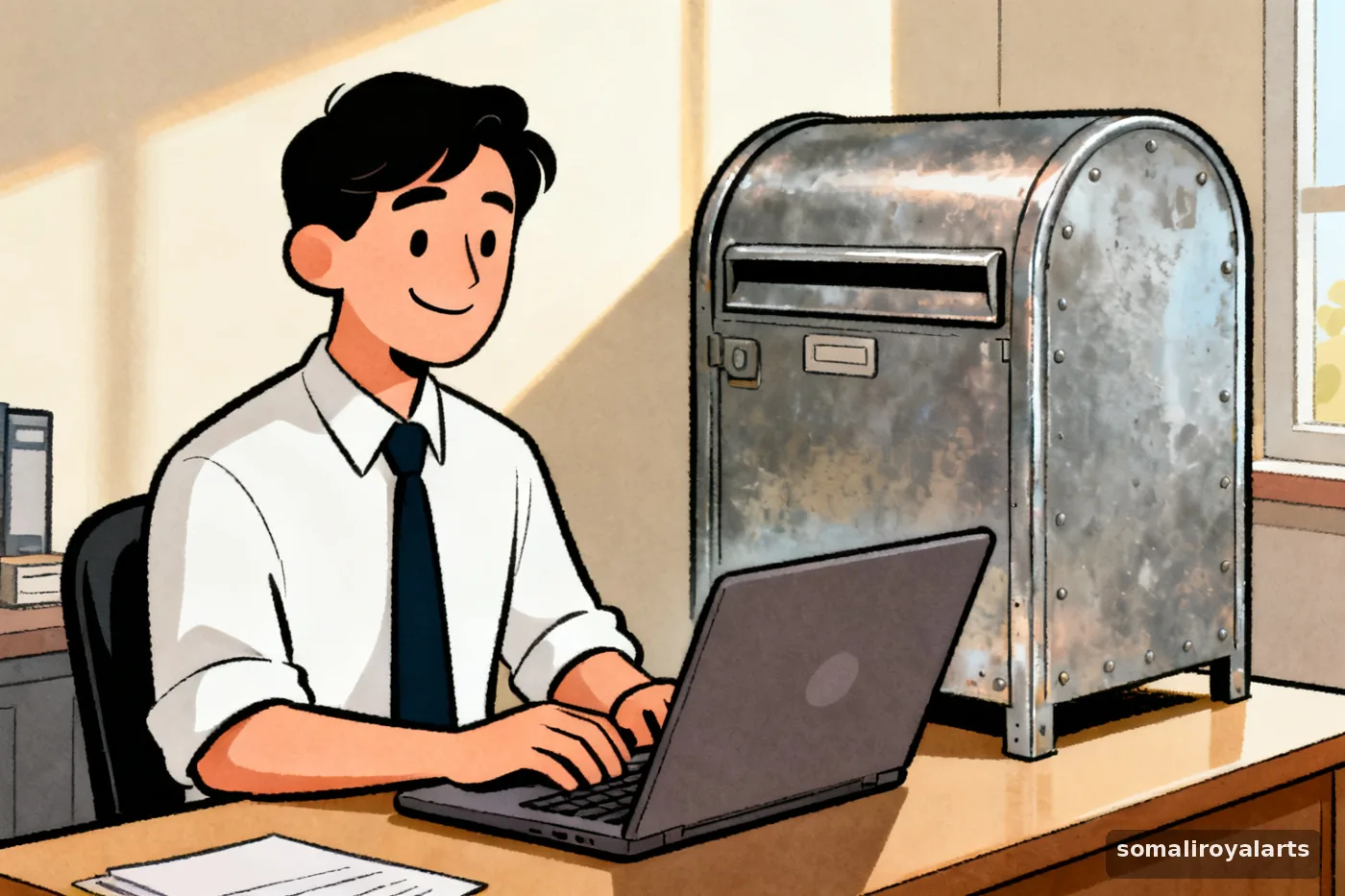 Shaqaale xafiis oo faraxsan oo laptop wax kaga qoraya, sanduuqa boostaduna gadaashiisa ka xiran yahay.